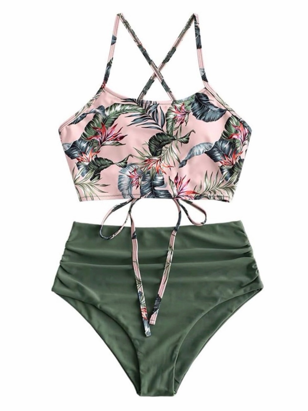Zaful Pink Tropical Bikini Set with‎ Olive Leaf Accents